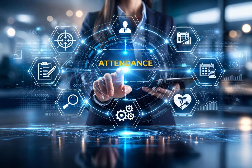Concept of Managing Employee Time showing the word in yelow ATTENDANCE surrounded by many icons superimposed over a man in a business background with his finger pointing to the word attendance.