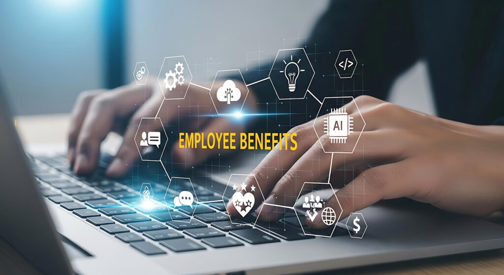 Yeloow letters spelling EMPLOYEE BENEFITS with various icons connected by lines floating around itsuperimposed on a background of the hands of a man typing on a computer
