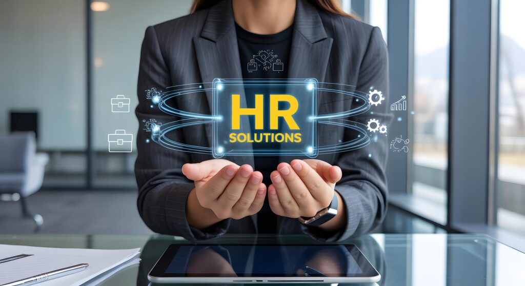 Concept of HR solutions with business woman cupping her hands holding the word HR solutions with icons in 2 concentric circles around the words