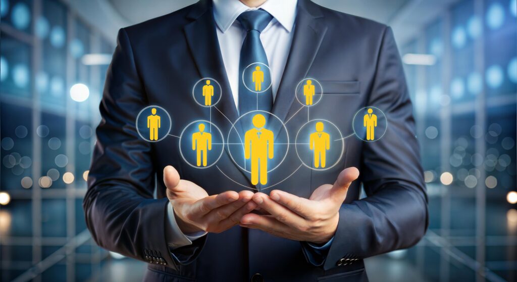 Concept: Employee Support showing a business man with hands cupped supporting a circle of yellow people silhouettes