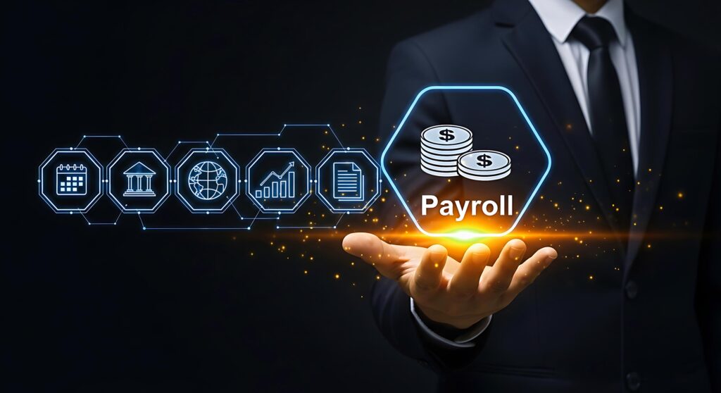 Concept showing specialized payroll services with male hand holding an icon showinf coins and the word Patroo with other advanced payroll feature icons to its left 