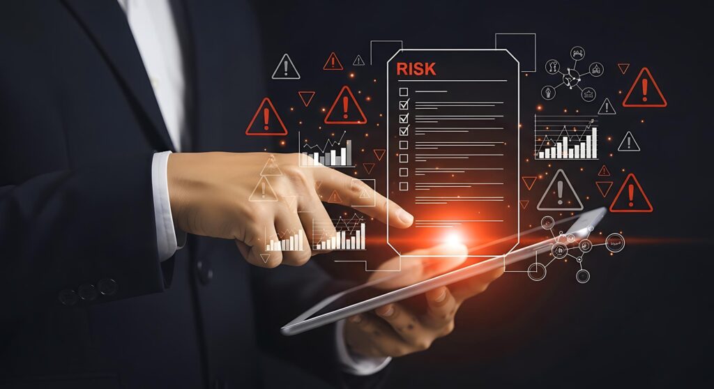 Risk managagement concept with male hand pointing to computer with red light and charts in background showing potential risks for businesses