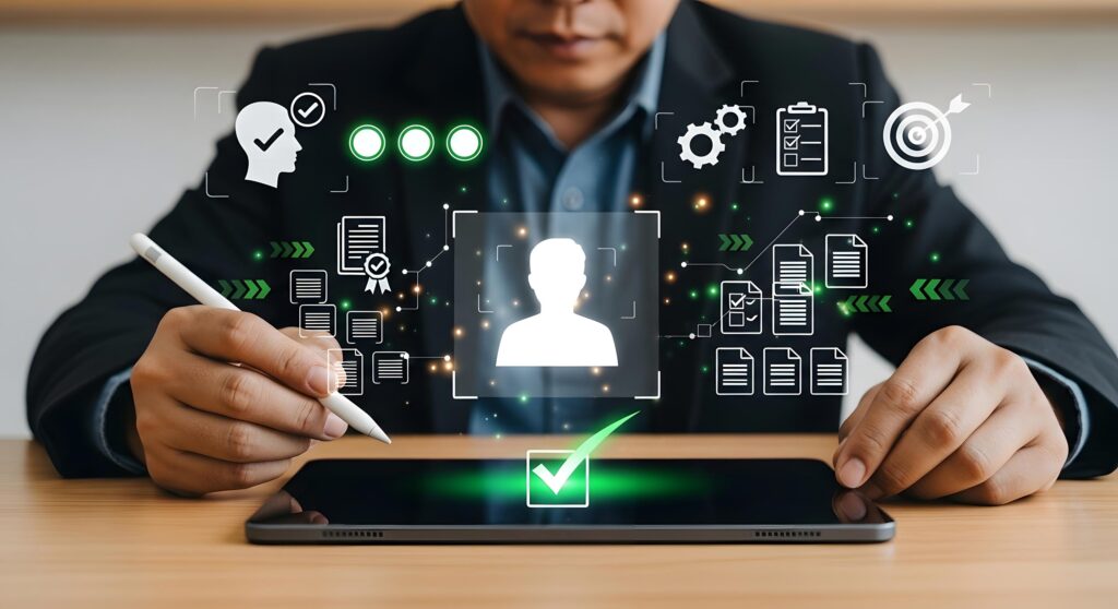 Concept labor management system showing a man with a tablet with icons floating in front of him with a white silhouette of a persons head and shoulder in the center.