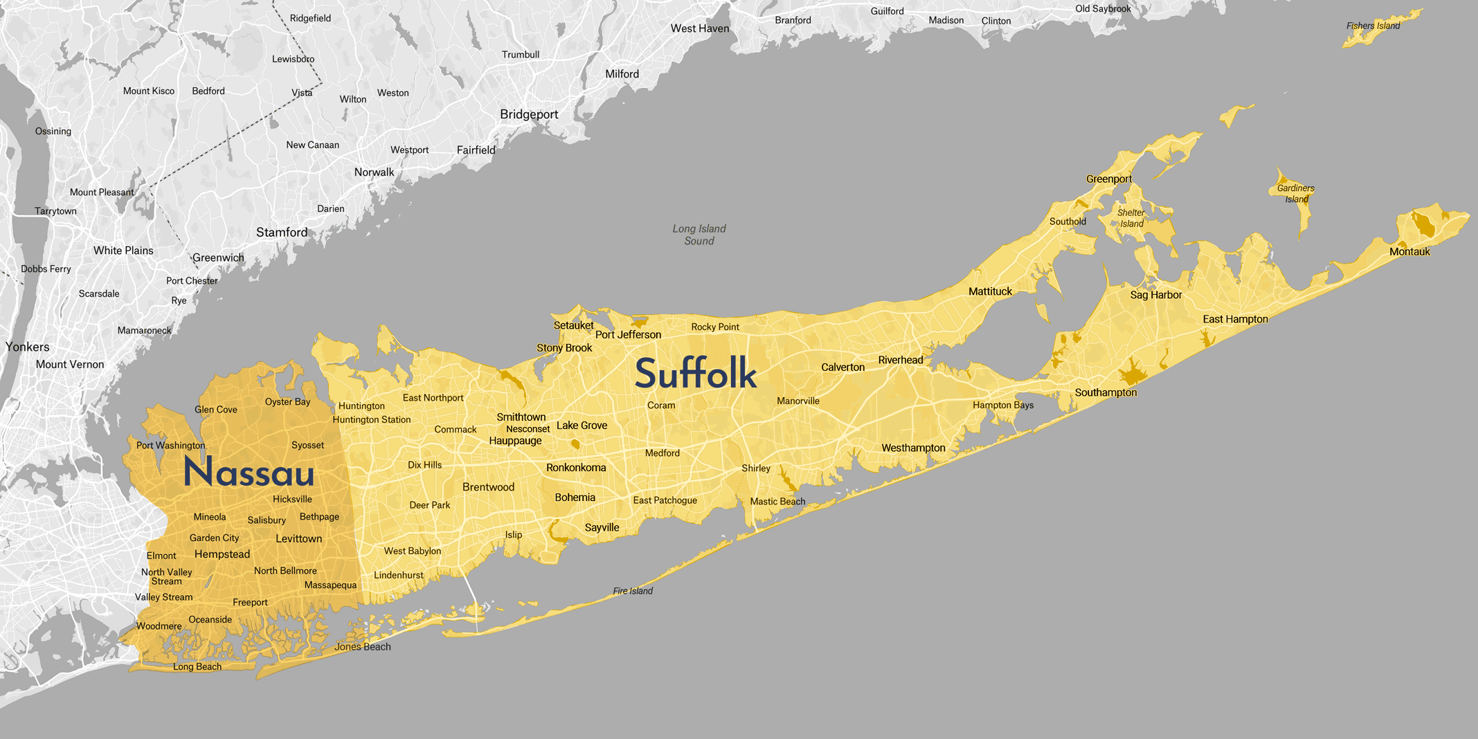 Map of Long Island showing Nassau and Suffolk Counties