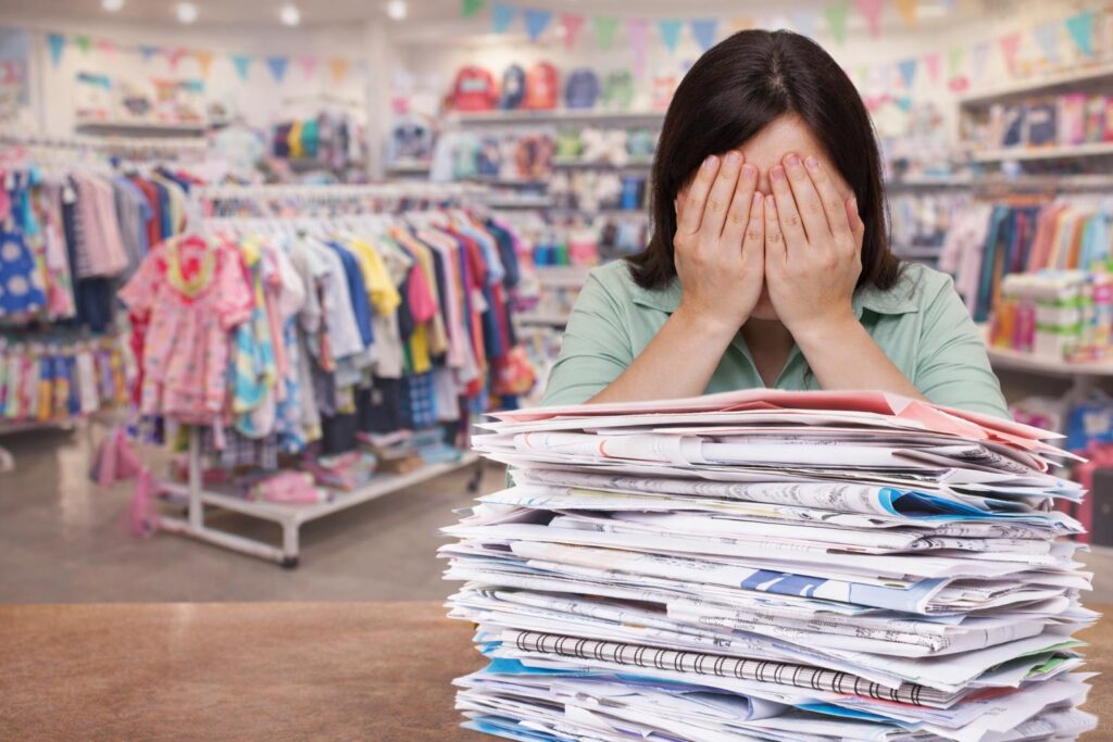 Stressed woman with hands over face in front of a large paperwork pile with childrens clothing store in background.